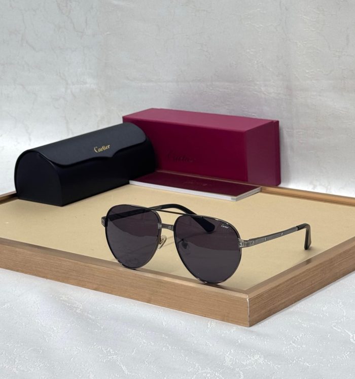Cartier Classic Aviator Sunglasses With A Silver -Metal Frame And  Black Lenses