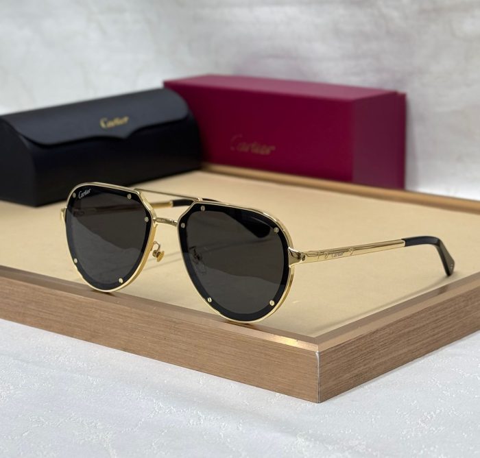 Cartier Santos de Cartier CT0195S Pilot-Shape Sunglasses In Gold Titanium With Black Lens