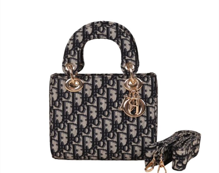 Christian Dior Lady Handbag In Black With White  Canvas With Gold-Finish Metal D.I.O.R. Charms