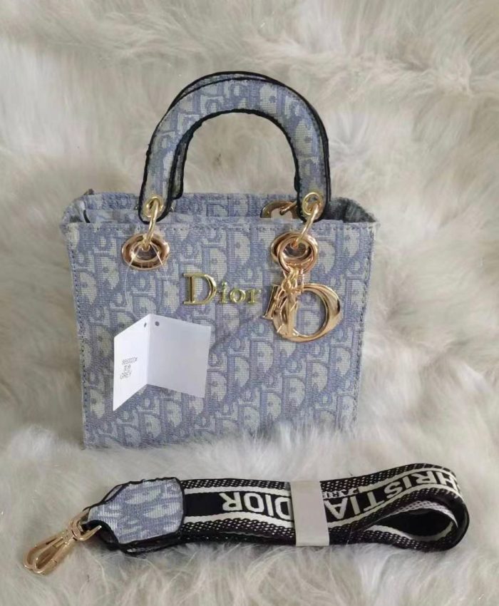 Christian Dior Lady Handbag In Sky Blue With White  Canvas With Gold-Finish Metal  D.I.O.R Charms