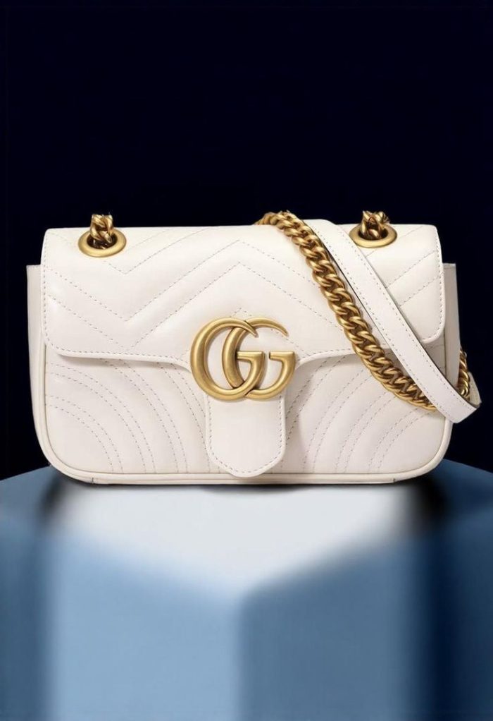 Gucci GG Marmont Small Matelassé Leather Shoulder Bag in White with Double G and Gold-Tone Hardware