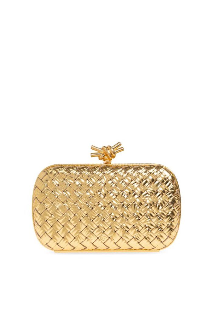Bottega Veneta Intrecciato Knot Clutch In Gold 21×13×5Cm