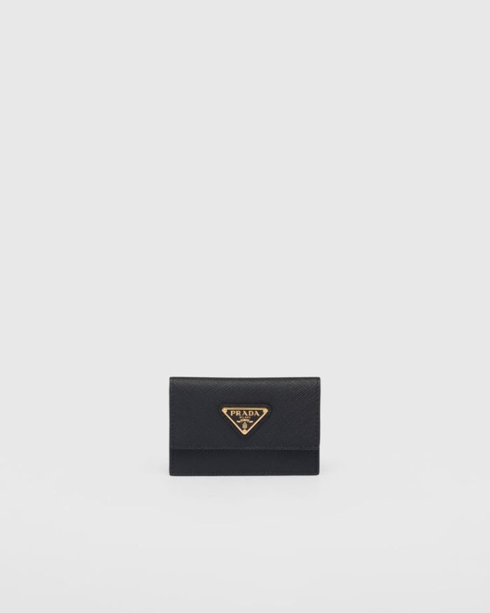 Prada Saffiano Leather Flap Card Holder In Black