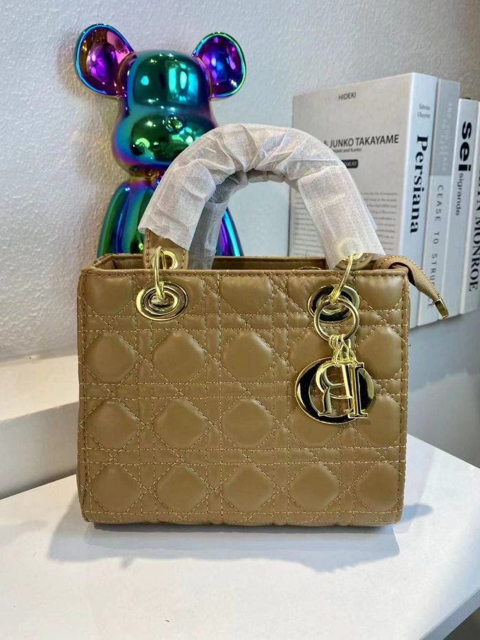 Dior Mini Lady Camel Cannage Lambskin With Pale Gold-Finish Metal D.I.O.R. Charms