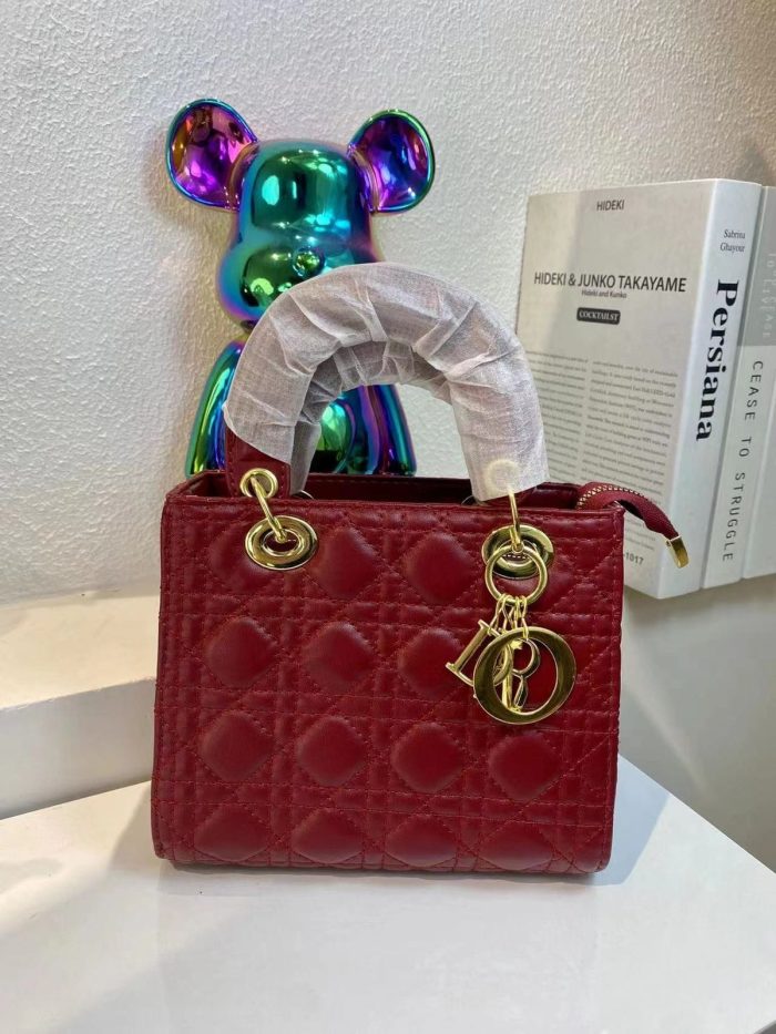 Dior Mini Lady Cherry Red Cannage lambskin with Pale Gold-Finish Metal D.I.O.R. Charms
