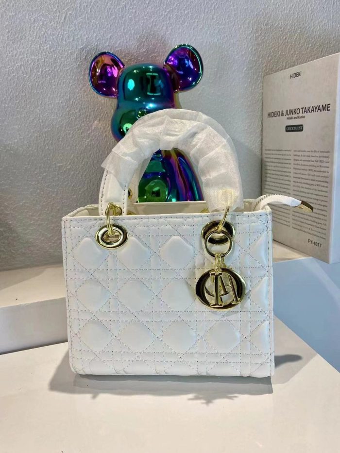 Dior Mini Lady White Cannage Lambskin with Pale Gold-Finish Metal D.I.O.R. Charms