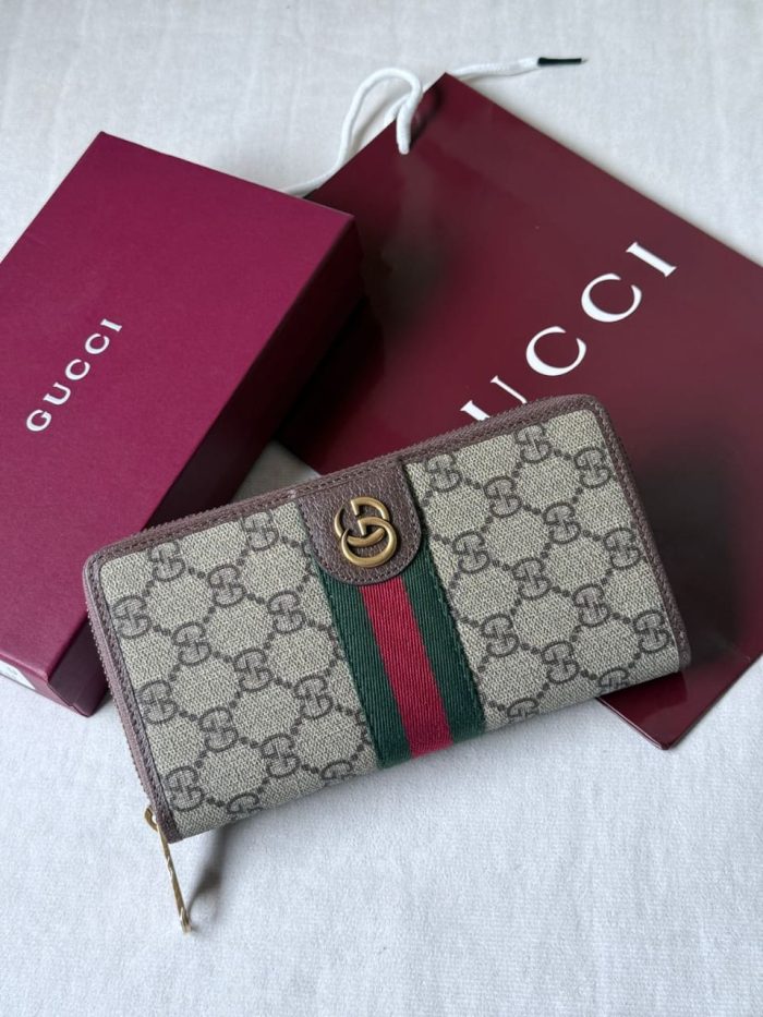 Gucci Ophidia GG Supreme zip-around wallet in beige and ebony canvas with brown leather trim and a green and red Web stripe