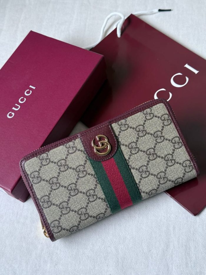 Gucci Ophidia GG Supreme canvas zip-around wallet with green and red Web and gold-toned hardware
