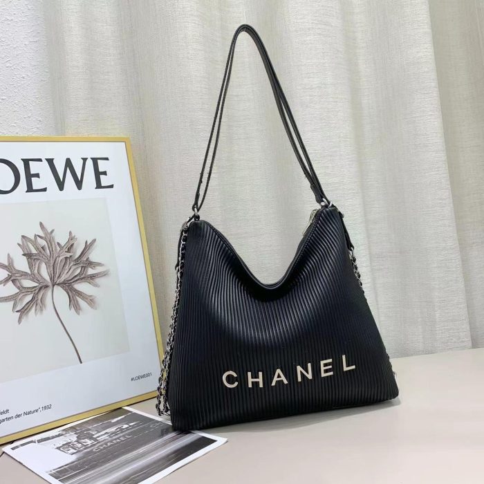 Chanel Pleated Logo Hobo Shoulder Bag in black