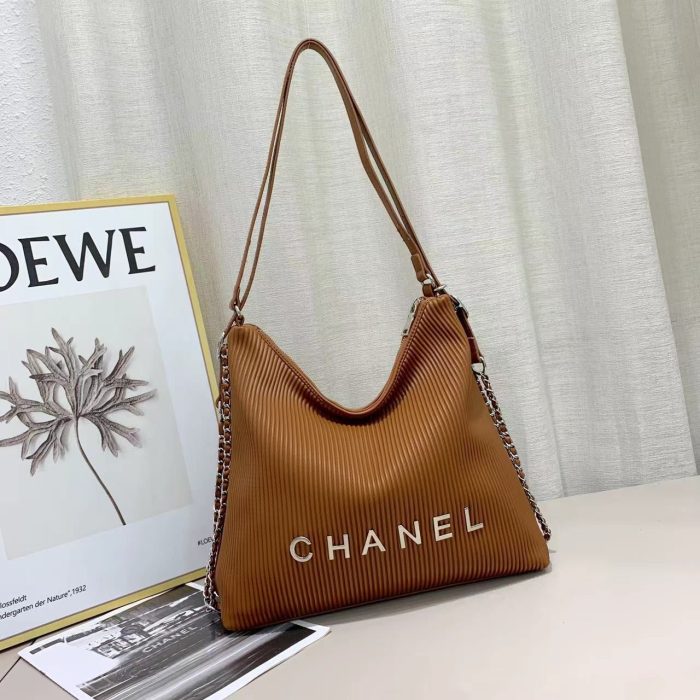 Chanel Pleated Logo Hobo Shoulder Bag in caramel brown