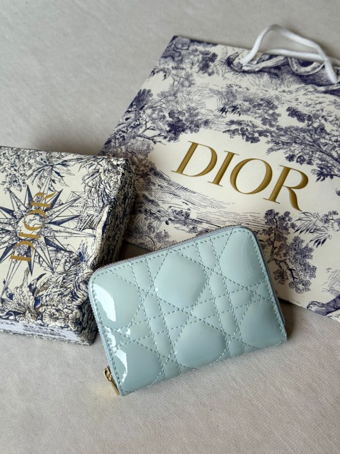 Lady Dior Patent Cannage Zip Wallet in Sage Green