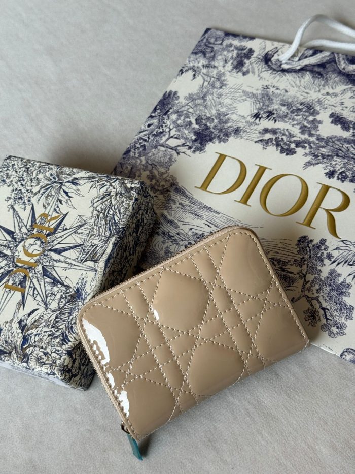 Lady Dior Patent Cannage Zip Wallet in Nude Beige