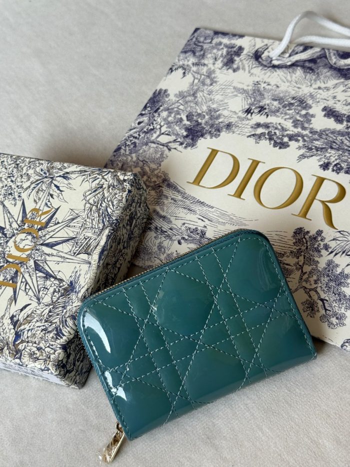 Lady Dior Patent Cannage Zip Wallet in Mint Blue