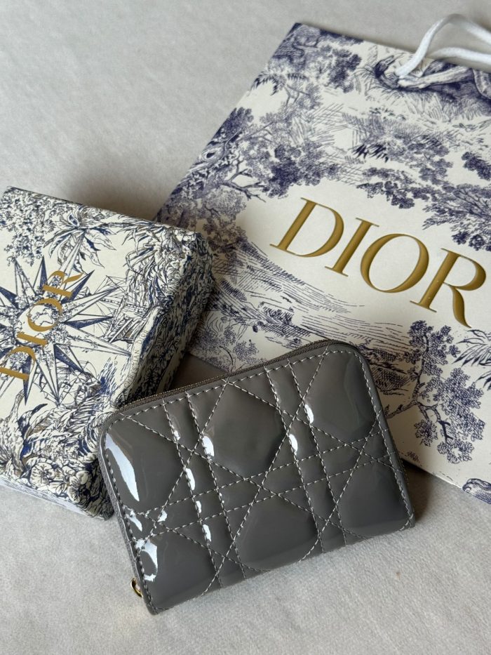 Lady Dior Patent Cannage Zip Wallet in Grey