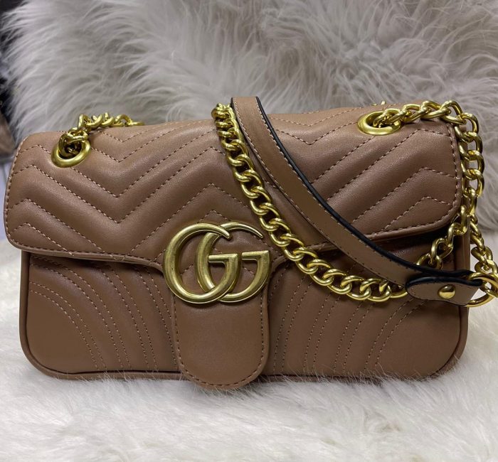 Gucci GG Marmont Small Matelassé Leather Shoulder Bag in Caramel Brown with Double G and Gold-Tone Hardware