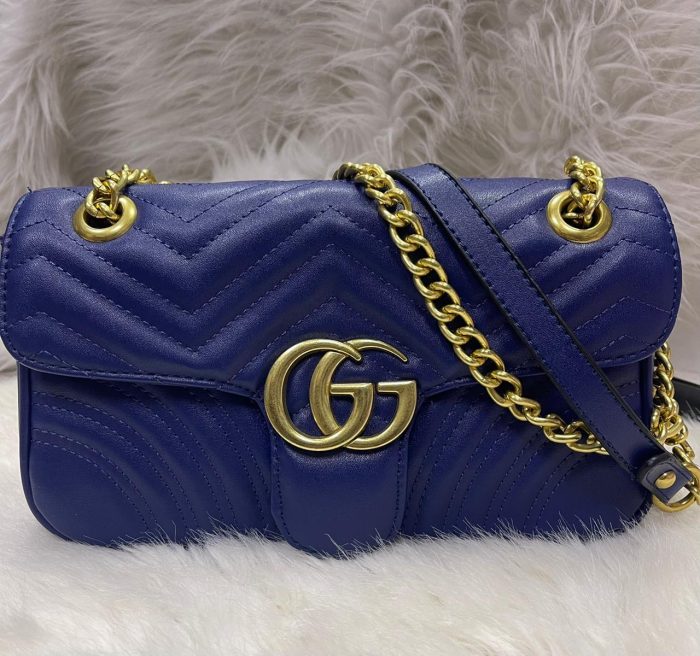 Gucci GG Marmont Small Matelassé Leather Shoulder Bag in Navy Blue with Double G and Gold-Tone Hardware
