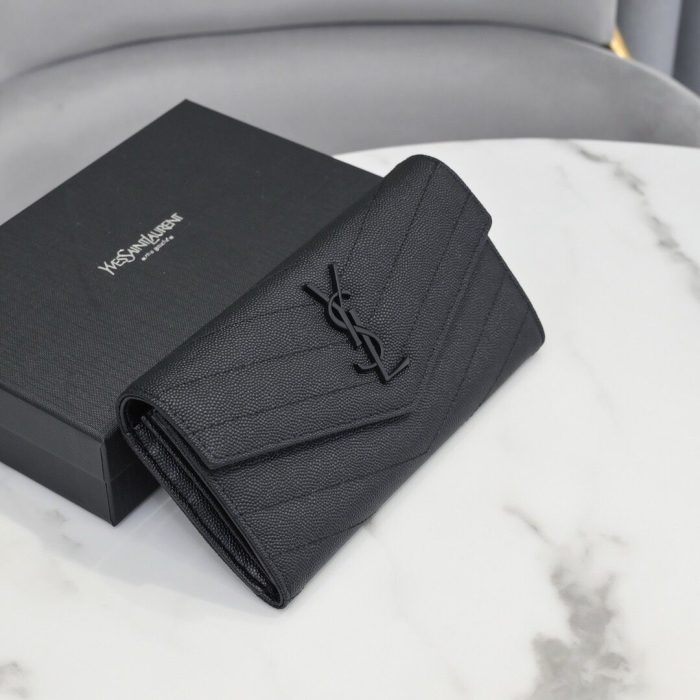 Saint Laurent Cassandre Matelassé large flap wallet in black grain de poudre leather with black hardware