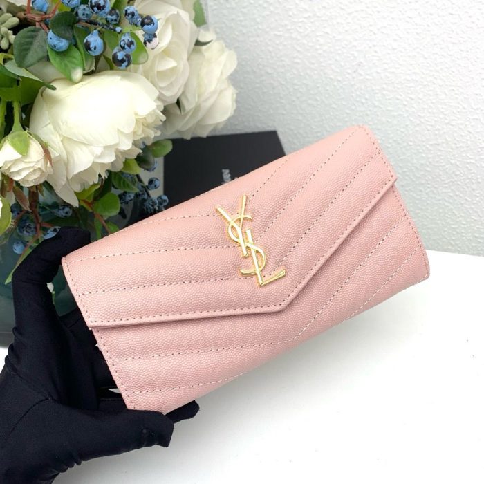 Saint Laurent Monogram large flap wallet in pale pink grained leather with gold-tone hardware