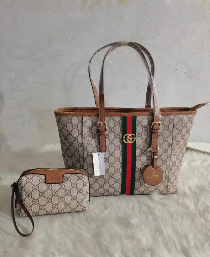 Gucci Ophidia GG Supreme Medium Tote Bag With Pouch In Beige GG Canvas With Light Beige Leather Trim 40cm
