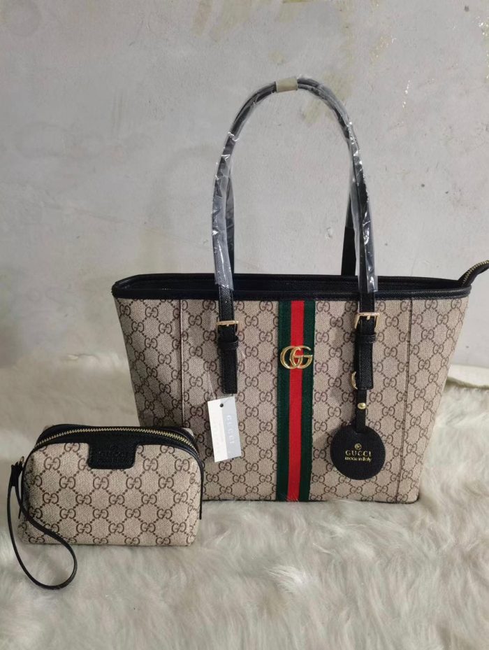 Gucci Ophidia GG Supreme Medium Tote Bag With Pouch In Beige GG Canvas With Black Leather Trim 40cm