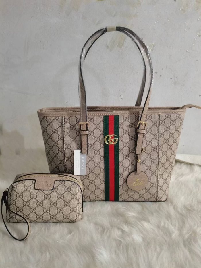 Gucci Ophidia GG Supreme Medium Tote Bag With Pouch In Beige GG Canvas With Tan Leather Trim 40cm