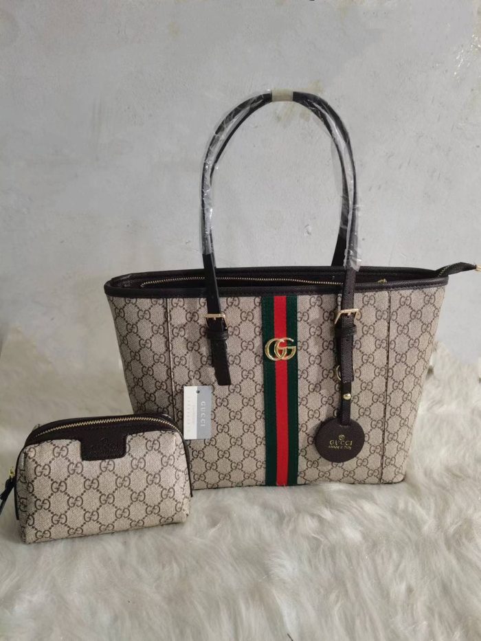 Gucci Ophidia GG Supreme Medium Tote Bag With Pouch In Beige GG Canvas With Brown Leather Trim 40cm