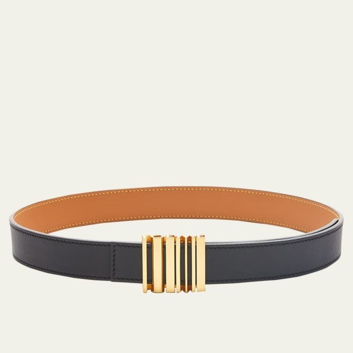 Loewe Graphic Belt In Classic Black Calfskin Leather With A  Polished Gold-Tone Graphic Buckle
