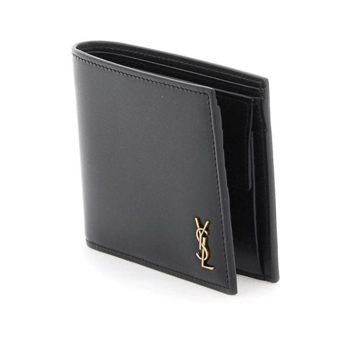Saint Laurent Tiny Cassandre East/West Bi-Fold Wallet In Black Calf Leather With A Gold-Tone Logo Plaque