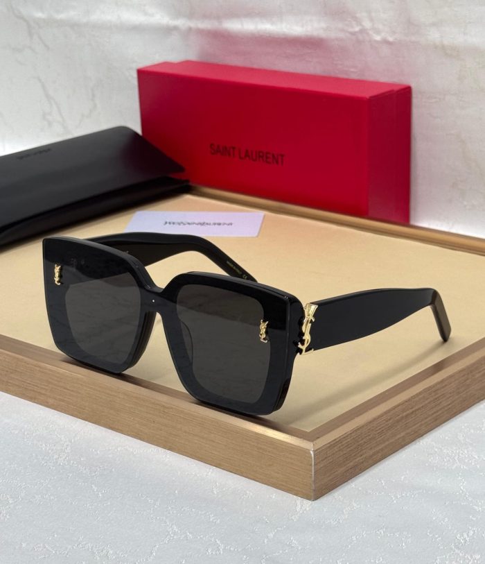 Saint Laurent SL M9 Square Sunglasses In A Shiny Dark Havana Black Frame With Black  Lenses