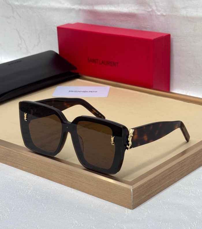 Saint Laurent SL M9 Square Sunglasses In A Shiny Dark Havana Frame With Brown Lenses