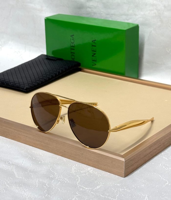 Bottega Veneta BV1305S Aviator Sunglasses In Gold-Tone Metal With Brown Lenses