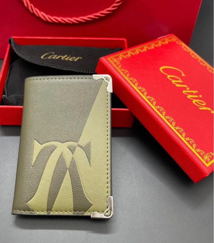 Cartier Must de Cartier Olive Gray  Leather Double Card Holder Wallet With Gold-Finish Metal Corners
