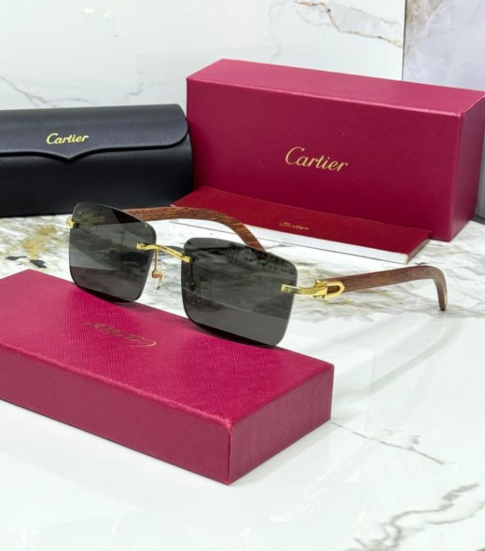 Cartier 2808 Rimless Sunglasses With Wooden Arms And Gold-Tone Black  Lense