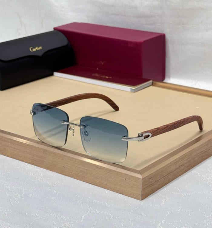 Cartier 2808 Rimless Sunglasses With Wooden Arms And Gold-Tone Blue  Lense