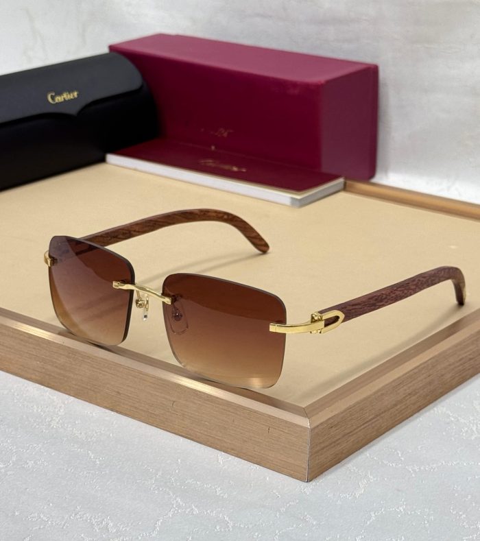 Cartier 2808 Rimless Sunglasses With Wooden Arms And Gold-Tone Brown Lense