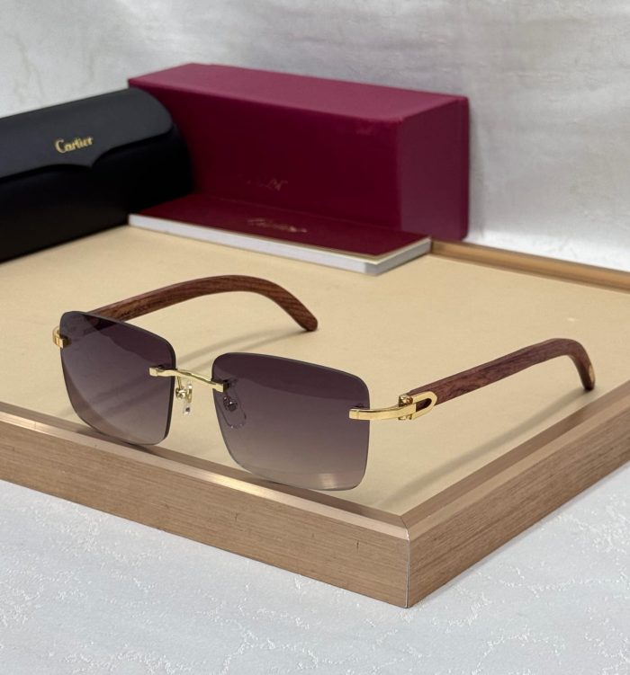 Cartier Rimless Sunglasses With Gold-Tone Metal And Wooden Arms Gray Brown Lense