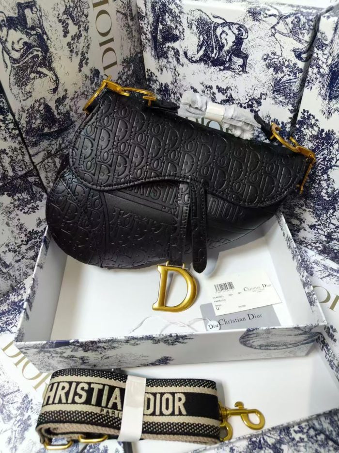 Christian Dior Saddle Bag in black oblique embossed calfskin leather