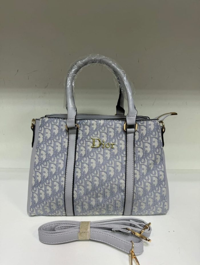 Dior handbag featuring the signature Oblique monogram canvas pattern in a light gray color with gold-tone hardware