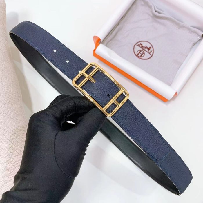 Hermès Pop H 15 Belts In Epsom Leather With Gold logo And Blue Hardware