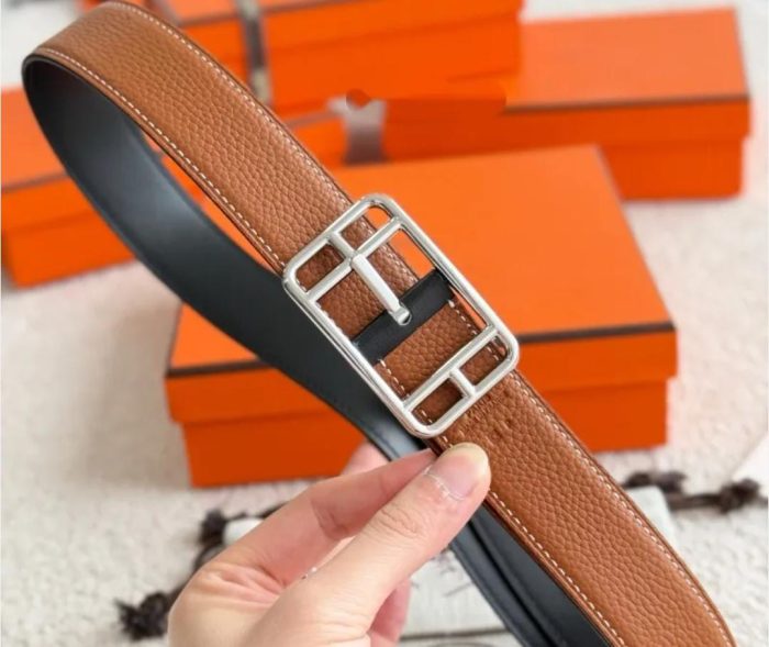 Hermès Pop H 15 Belts In Epsom Leather With Silver  logo And  Brown Hardware