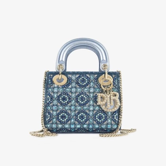 Christian Dior Small Embellished Top Handle Hand Bag Cyan Blue 22 ×14×8 cm